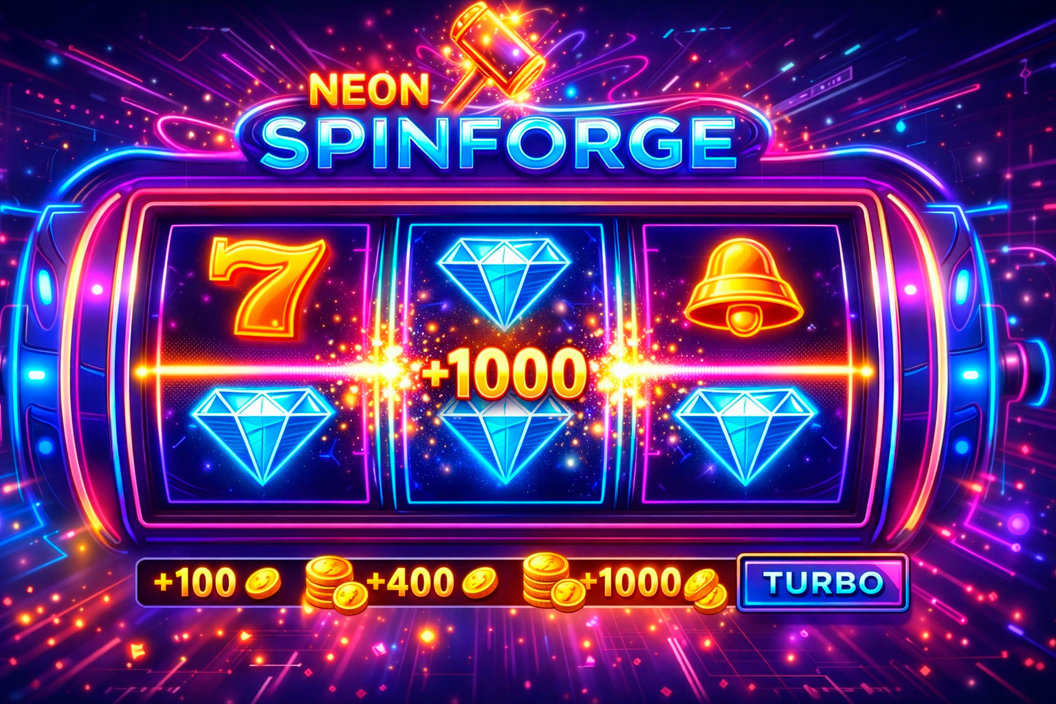 Neon Spinforge promotional artwork showing a glowing three-reel machine with a bright center line and virtual reward indicators.