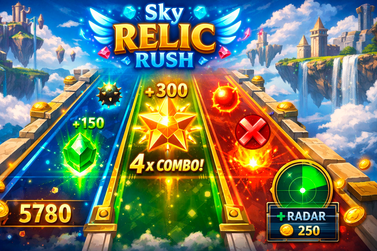 Sky Relic Rush promotional artwork with three glowing lanes, relics, hazards and combo highlights.
